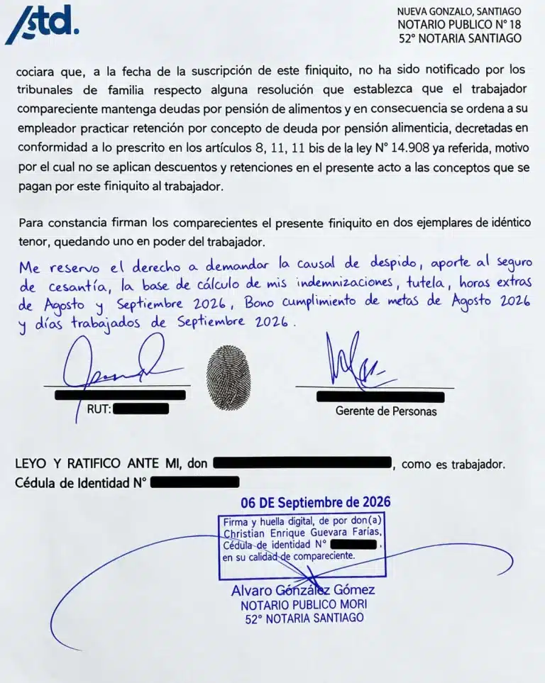 Ejemplo de reserva de derechos manuscrita incorporada en un finiquito laboral chileno
